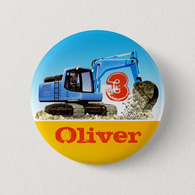 Boys Custom Name and Age Construction Digger 6 Cm Round Badge (Front)