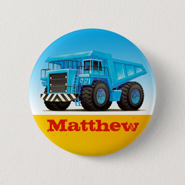 Boys Custom Name Construction Dump Truck 6 Cm Round Badge (Front)
