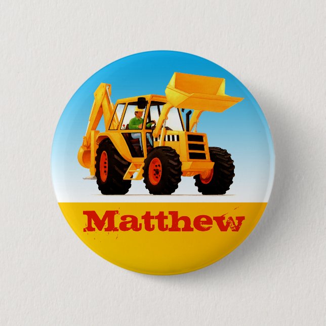 Boys Custom Name Construction Yellow Digger 6 Cm Round Badge (Front)