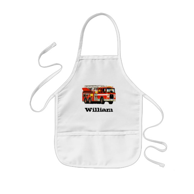 Boy's Custom Name Red Fire Truck Kids Apron (Front)