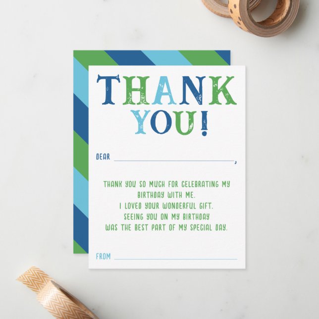 Boys Custom Striped Fill In Birthday Thank You  Card (Front/Back In Situ)
