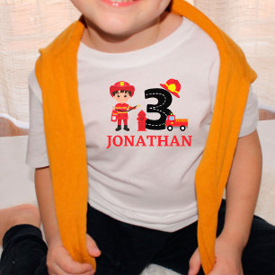 Boys Cute 3rd Birthday Fireman Firetruck Name  Toddler T-Shirt