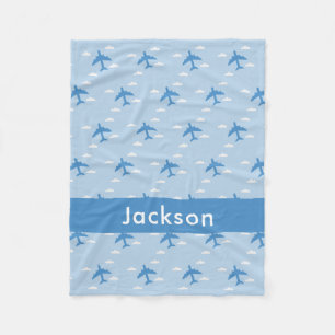Boys Cute Aeroplane Pattern Personalised Name Fleece Blanket
