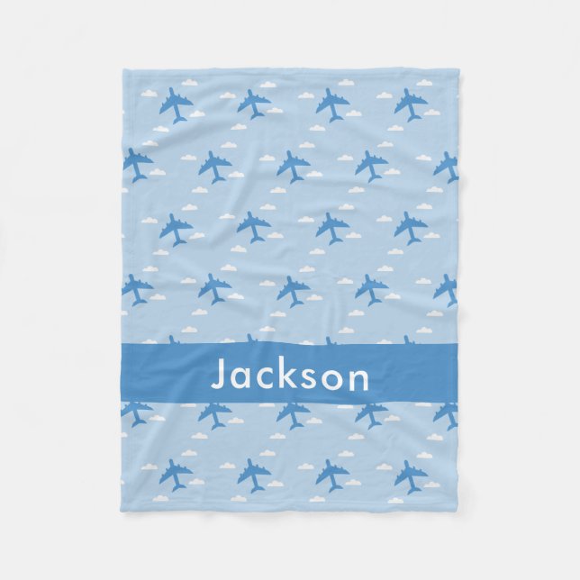 Boys Cute Aeroplane Pattern Personalised Name Fleece Blanket (Front)