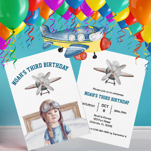 Boys Cute Aeroplane Travel Kids Birthday Watercolo Invitation
