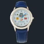Boys Cute and Cool Blue Monster Alien Watch<br><div class="desc">This cute and modern kid's watch features colourful monster alien illustrations,  and a place for you to add your boy's name. Perfect for any cool monster-loving child! With clear numbers and a blue background,  this design is great for a little one learning to tell the time.</div>