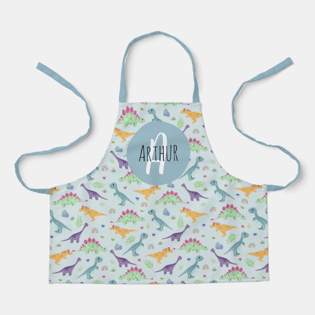 Boys Cute and Fun Blue Dinosaur Pattern Kids Apron (Front)