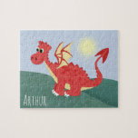 Boys Cute and Magical Red Welsh Dragon and Name Jigsaw Puzzle<br><div class="desc">This cute and modern kids puzzle design features a fiery red Welsh dragon cartoon,  blue sky and hill background,  and can be personalised with your boys name. The perfect fun Wales-themed gift for any child.</div>