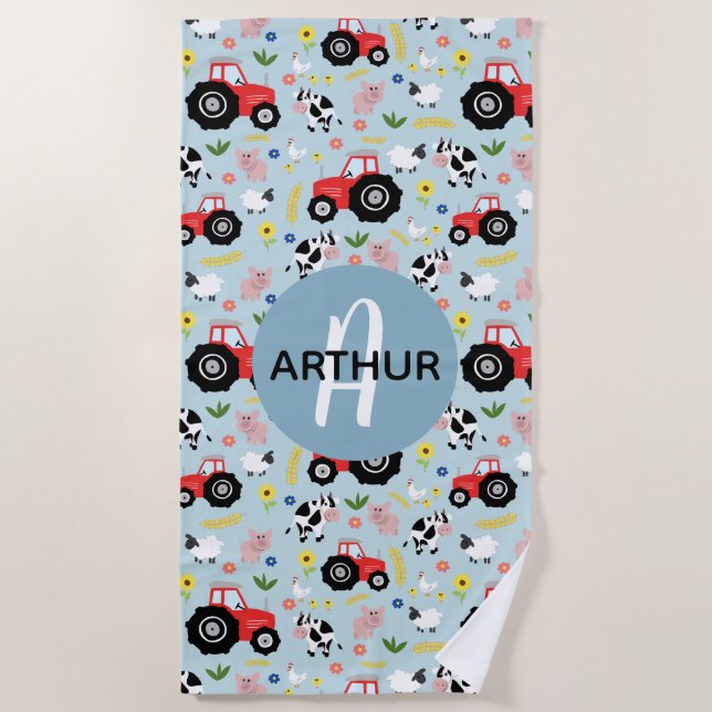 Boys Cute and Modern Farm Animal Pattern Kids Beach Towel (Front)