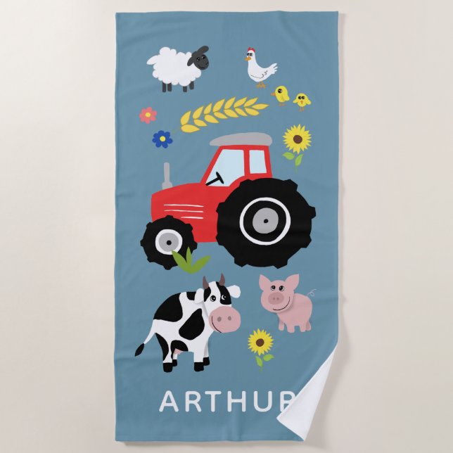 Boys Cute and Modern Farm Tractor Kids Beach Towel (Front)