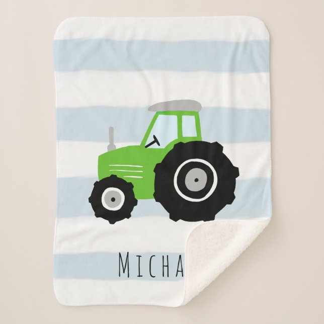 Boys Cute and Modern Green Farm Tractor Kids Sherpa Blanket (Front)
