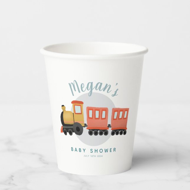 Boys Cute and Modern Train Travel Baby Shower Paper Cups (Front)