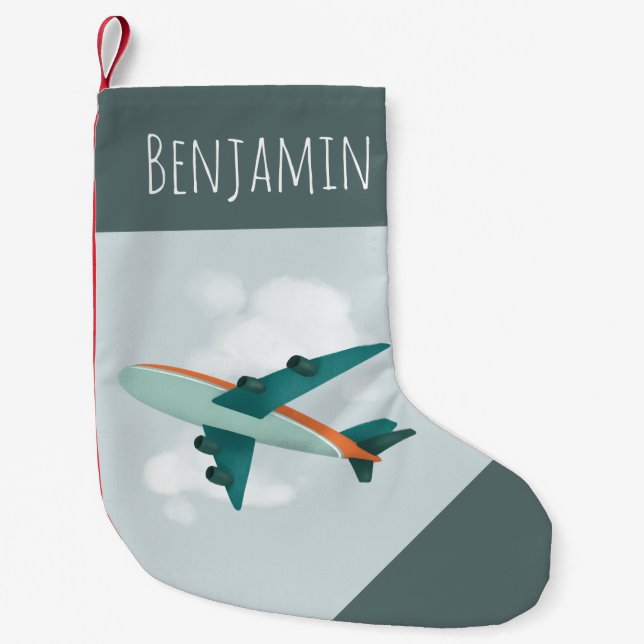 Boys Cute Blue Aeroplane Travel Kids Small Christmas Stocking (Front)