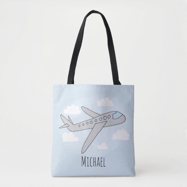 Boys Cute Blue Airplane Transport Travel Kids Tote Bag (Front)