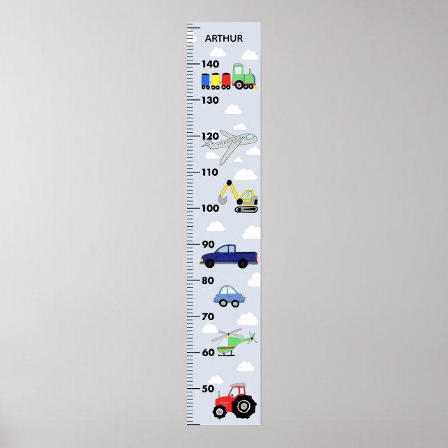 Boys Cute Blue Car Tractor Transport Growth Chart (Front)