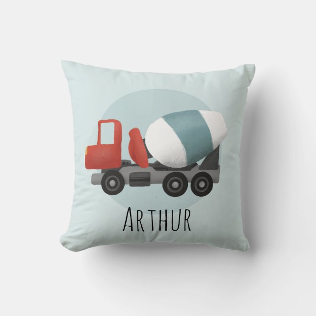 Boys Cute Blue Construction Cement Mixer Kids Cushion (Front)