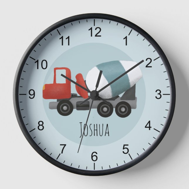 Boys Cute Blue Construction Concrete Mixer Kids Clock (Front)