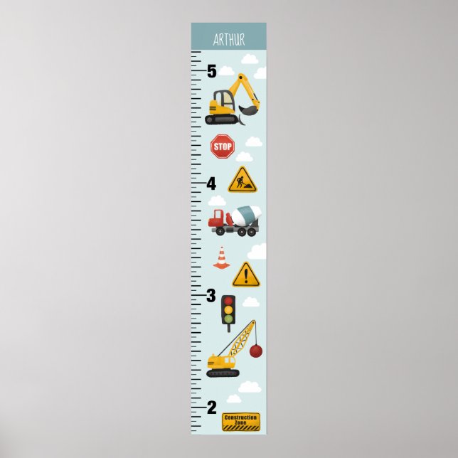 Boys Cute Blue Construction Transport Growth Chart (Front)