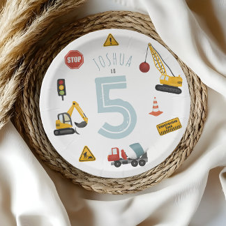 Boys Cute Blue Construction Vehicles Kids Birthday Paper Plate