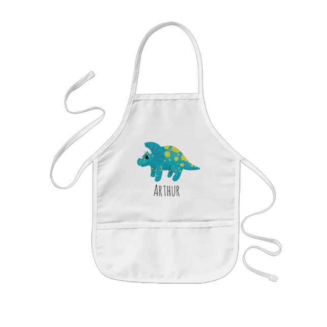 Boys Cute Blue Dinosaur and Name Kids Apron (Front)