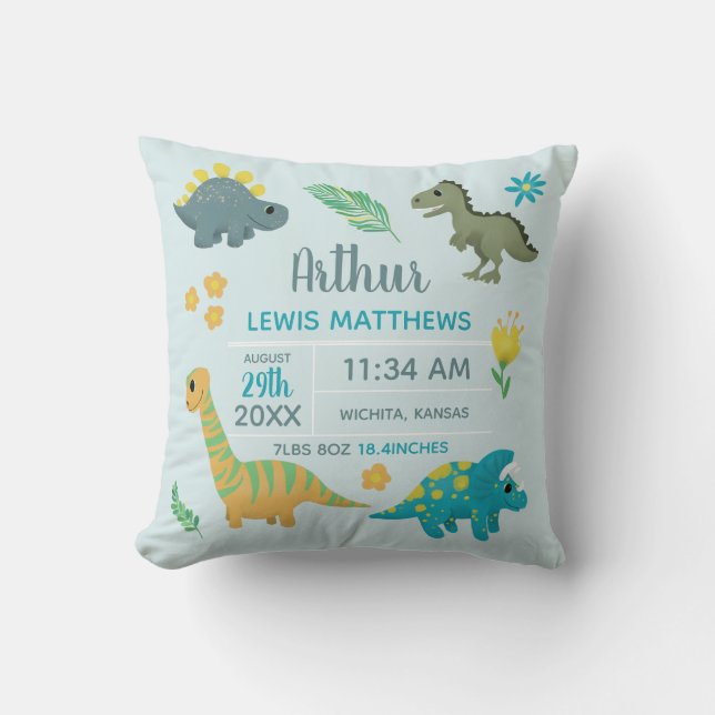 Boys Cute Blue Dinosaur Birth Stats Baby Nursery T Cushion (Front)
