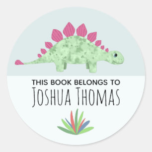 Boys Cute Blue Dinosaur Cartoon Kids Bookplate Classic Round Sticker