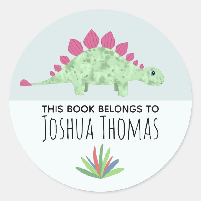 Boys Cute Blue Dinosaur Cartoon Kids Bookplate Classic Round Sticker (Front)