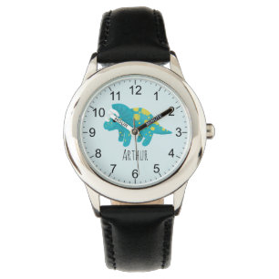 Boys Cute Blue Dinosaur Cartoon & Name Kids Watch