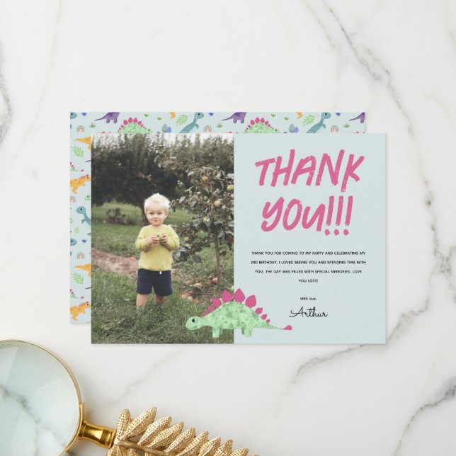 Boys Cute Blue Dinosaur Jungle Kids Birthday Thank You Card (Front/Back In Situ)