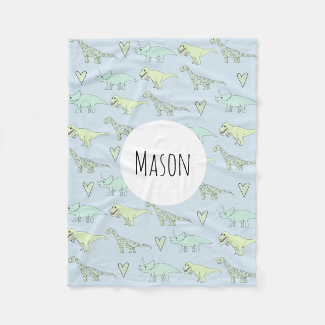Boys Cute Blue Dinosaur Pattern & Name Kids Fleece Blanket (Front)