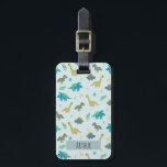 Boys Cute Blue Dinosaur Pattern Name Kids Luggage Tag<br><div class="desc">This cute and modern kids luggage tag features a dinosaur cartoon pattern, with a t-rex, stegosaurus, and Jurassic jungle plants, and can be personalised with your boys name and contact details. The perfect blue dinosaur-themed gift for your baby, toddler, or child's first trip. Check out our collection for the matching...</div>
