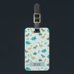 Boys Cute Blue Dinosaur Pattern Name Kids Luggage Tag<br><div class="desc">This cute and modern kids luggage tag features a dinosaur cartoon pattern, with a t-rex, stegosaurus, and Jurassic jungle plants, and can be personalised with your boys name and contact details. The perfect blue dinosaur-themed gift for your baby, toddler, or child's first trip. Check out our collection for the matching...</div>