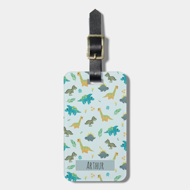 Boys Cute Blue Dinosaur Pattern Name Kids Luggage Tag (Front Vertical)