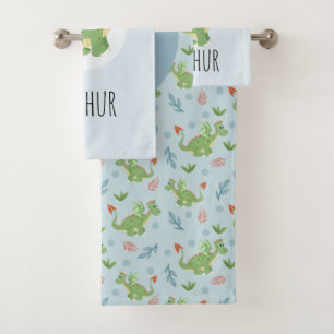 Boys Cute Blue Dragon Pattern Name Kids Bath Towel Set