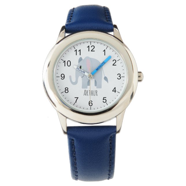 Boys Cute Blue Elephant & Name Kids Watch (Front)