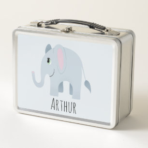 Boys Cute Blue Elephant Safari Toddler Name Kids Metal Lunch Box