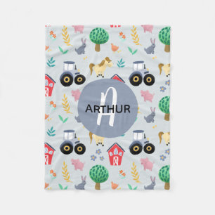 Boys Cute Blue Farm Animal Tractor Pattern Kids Fleece Blanket