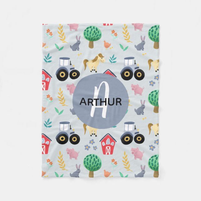 Boys Cute Blue Farm Animal Tractor Pattern Kids Fleece Blanket (Front)