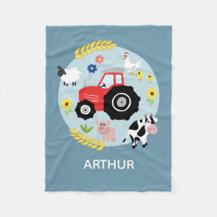 Boys Cute Blue Farm Animals Tractor & Name Kids Fleece Blanket