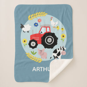 Boys Cute Blue Farm Animals Tractor & Name Kids Sherpa Blanket