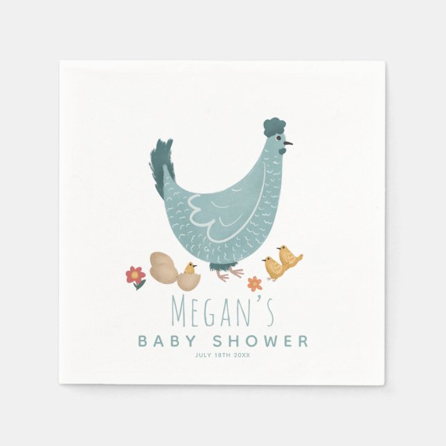 Boys Cute Blue Farm Chicken Baby Shower Napkin (Front)