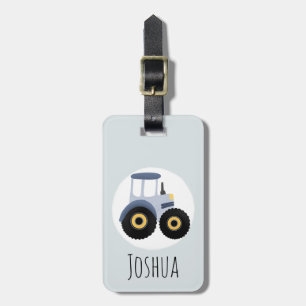 Boys Cute Blue Farm Tractor Cartoon and Name Kids Luggage Tag