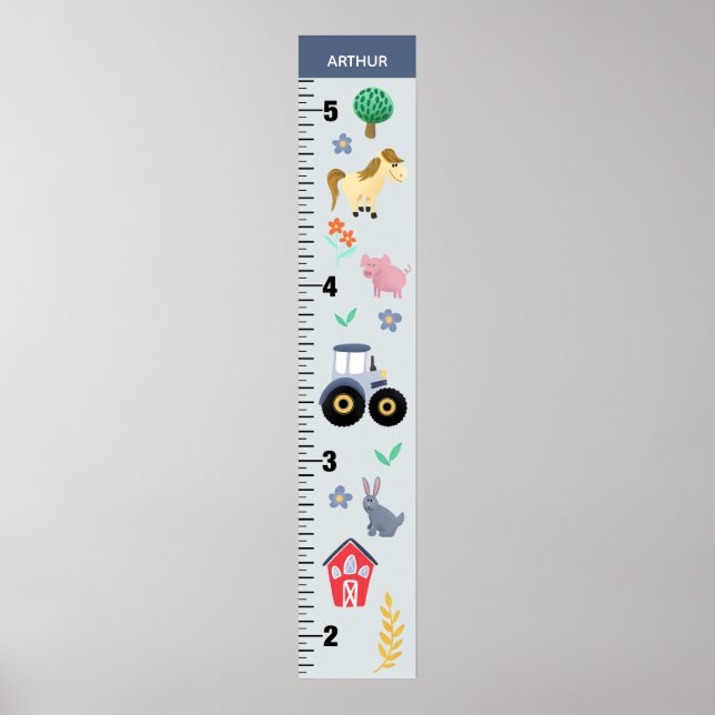 Boys Cute Blue Farm Tractor Growth Chart (Front)
