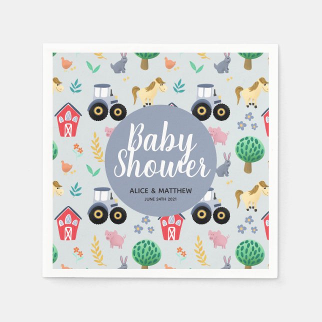 Boys Cute Blue Farm Tractor Pattern Baby Shower Napkin (Front)