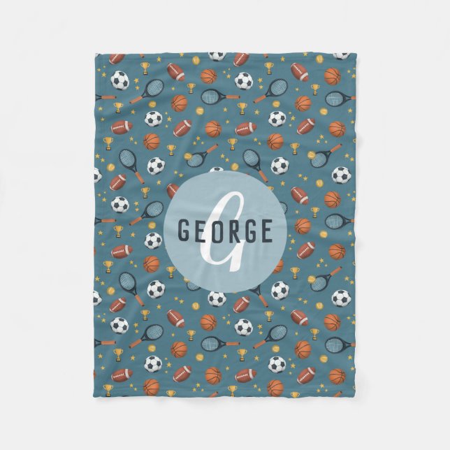 Boys Cute Blue Football Basketball Sports Kids Fleece Blanket (Front)