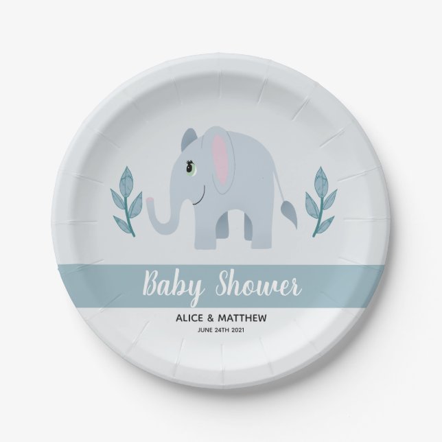 Boys Cute Blue Jungle Safari Elephant Baby Shower Paper Plate (Front)