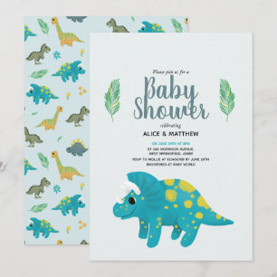 Boys Cute Blue Jungle T-Rex Dinosaur Baby Shower Invitation
