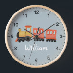 Boys Cute Blue Modern Train Travel Baby Nursery Clock<br><div class="desc">This cute and modern baby nursery clock features a train travel illustration and a place for you to add your boy's name. Perfect for any child dreaming of being a train driver or new baby! With clear numbers and a blue background, this clock is also great for a toddler learning...</div>