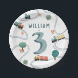 Boys Cute Blue Modern Train Travel Kids Birthday Paper Plate<br><div class="desc">This cute and modern transport-themed kids birthday paper plate design features a blue train travel illustration, with trains, tracks, and greenery in a white background. The plate can be personalised with your boys name and age, the perfect travel-themed addition to your toddler or child’s birthday party. This invitation is set...</div>