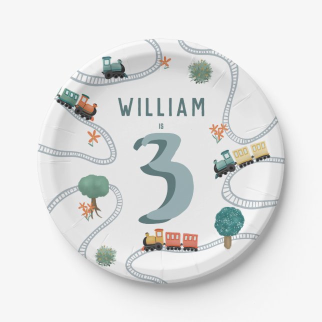 Boys Cute Blue Modern Train Travel Kids Birthday Paper Plate (Front)
